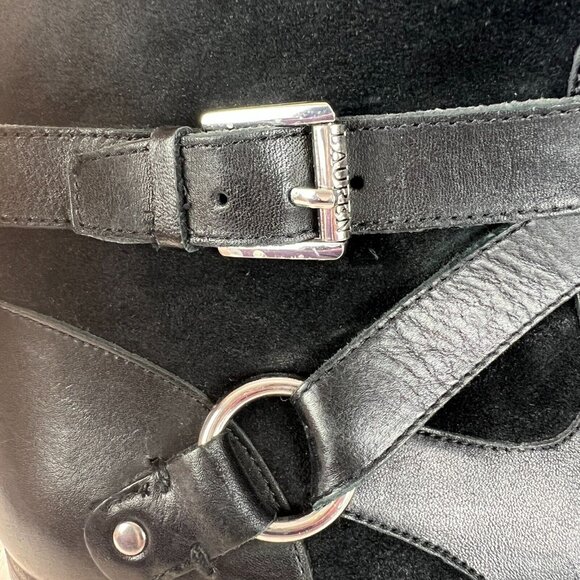 Ralph Lauren Makalia Boots Womens 8 Black Leather Suede Ankle Zip Buckle Riding - Picture 11 of 14
